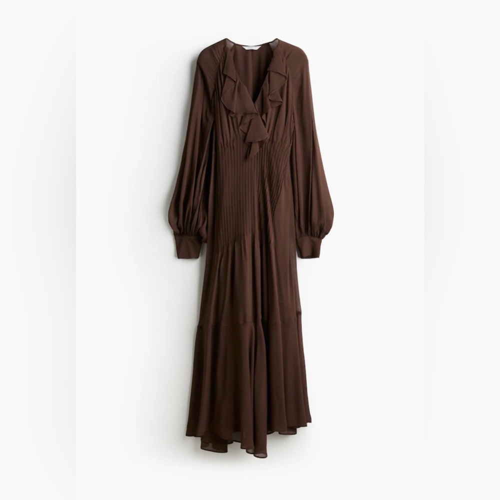NWT FLOUNCE-TRIMMED CHIFFON DRESS | BROWN MIDI/MAXI DRESS | H&M EDITION